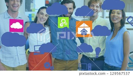 Image of tech icons and clouds over diverse female and male coworkers in office 129567537
