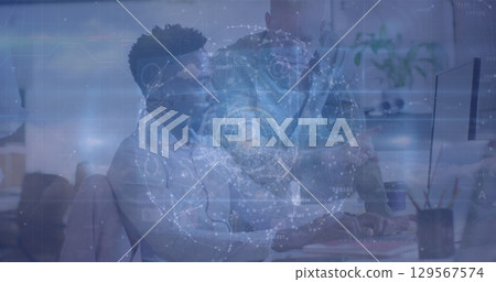 Image of network of connections and icons over diverse group of business people 129567574
