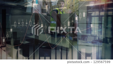 Image of graphs over caucasian male warehouse worker 129567599