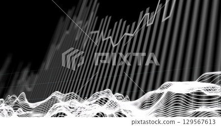 Image of moving white topographical lines over grey graph on black background 129567613