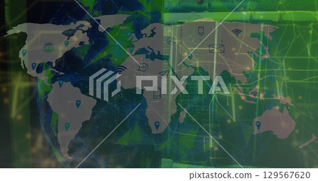 Displaying world map overlay floating over data center racks, with location pins and mail icons Displaying world map overlay floating over data center racks, with location pins and mail icons 129567620