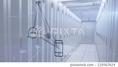 Image of globe and smartphone icons over servers 129567624