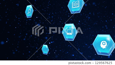 Image of education and learning icons on blue hexagons over stars on blue background Image of education and learning icons on blue hexagons over stars on blue background 129567625