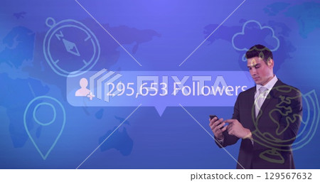 Image of caucasian businessman checking number of followers increasing against world map, icons 129567632