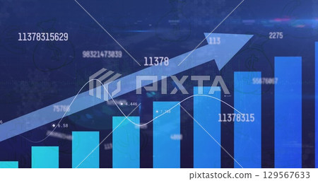 Image of arrow, increasing numbers over bar graph against blue background 129567633
