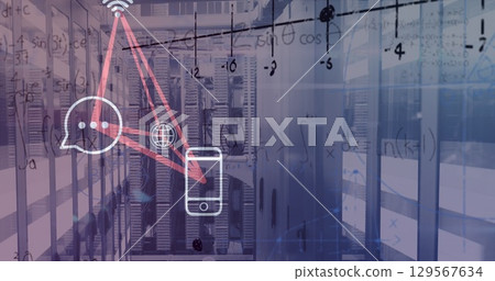 Image of math formulas and smartphone icons over servers Image of math formulas and smartphone icons over servers 129567634