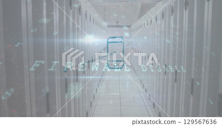 Floating smartphone icon showing FIREWALL DISABLED hovering in data center corridor, over racks 129567636