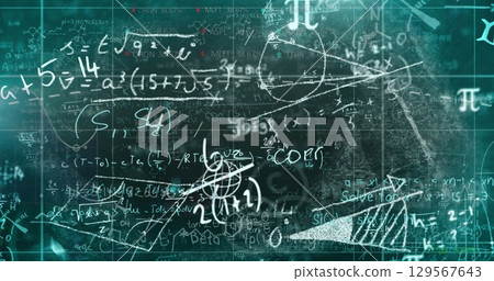 Image of digital science formula and math equation moving against grid pattern 129567643