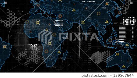 Image of digital map moving with hexagon and circle shape on abstract background 129567644