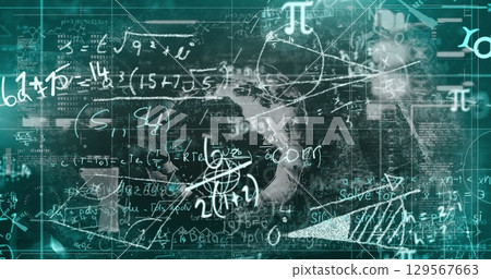 Image of mathematical equations and data processing on green background 129567663