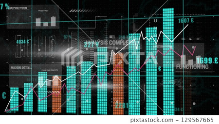 Image of graphical infographic interface with growing bar and lines graphs 129567665