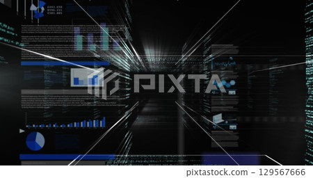 Image of graphs, data and lights on black digital screen Image of graphs, data and lights on black digital screen 129567666