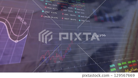 Transparent display showing red and blue graphs in trading office with purple grid, 17 Transparent display showing red and blue graphs in trading office with purple grid, 17 129567669