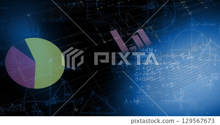 Image of graphs, data and world map on black digital screen 129567673