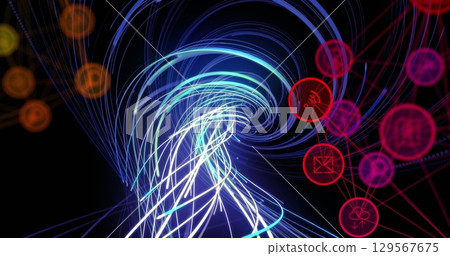 Image of connections and blue lines on black background 129567675
