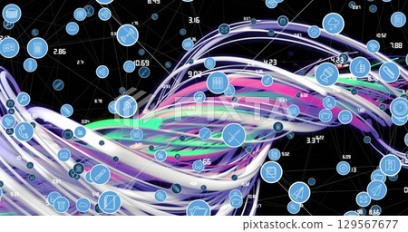 Weaving colorful ribbons streaming through data network space, showing floating icons and numbers Weaving colorful ribbons streaming through data network space, showing floating icons and numbers 129567677