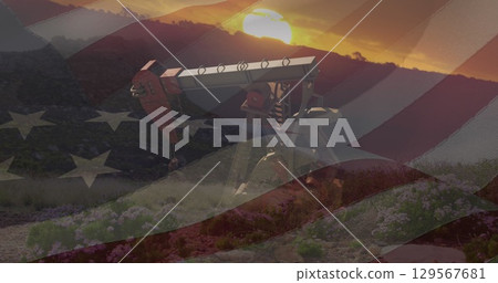 Image of pump jack over flag of usa Image of pump jack over flag of usa 129567681