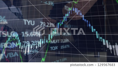 Image of stock market ticker with line graphs over customer paying for coffee through cellphone 129567683