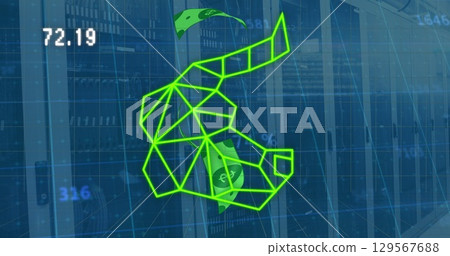 Image of numbers, banknotes and bull head over servers 129567688