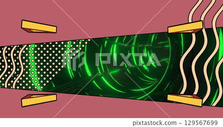 Image of triangles and pink frame over tunnel made of green circles Image of triangles and pink frame over tunnel made of green circles 129567699