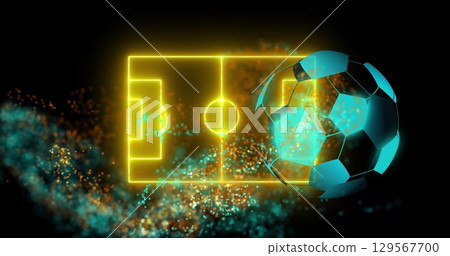 Image of neon soccer ball over soccer field and glitter on black background 129567700
