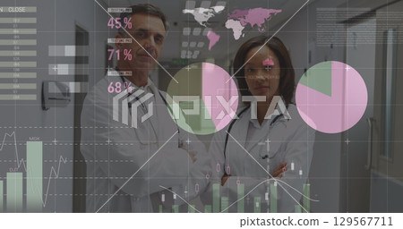 Image of graphical infographic interface moving over portrait of confident multiracial doctors 129567711