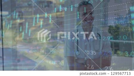 Image of data processing over caucasian female doctor 129567713