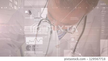 Image of data processing over caucasian male doctor Image of data processing over caucasian male doctor 129567718