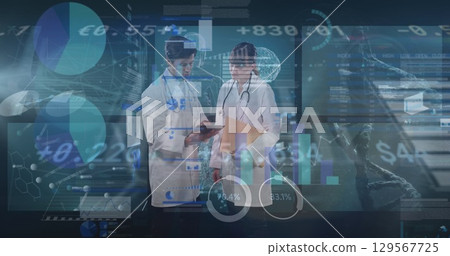 Image of digital interface with medical structures, charts over doctors discussing in hospital Image of digital interface with medical structures, charts over doctors discussing in hospital 129567725