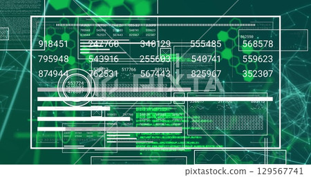 Digital image of interface with changing numbers and graphs over computer language 129567741