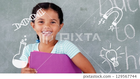 Image of school drawings over happy girl 129567744