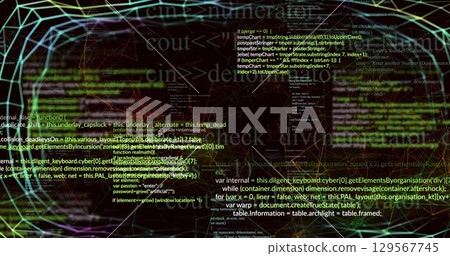Image of data processing over grid on black background Image of data processing over grid on black background 129567745