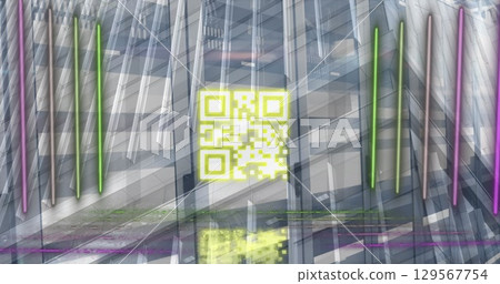 Image of neon lines with qr code against office building 129567754