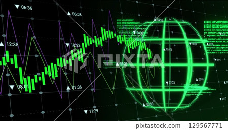 Image of data processing over globe on black background Image of data processing over globe on black background 129567771
