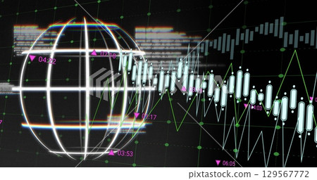 Image of data, graphs and globe on black background 129567772