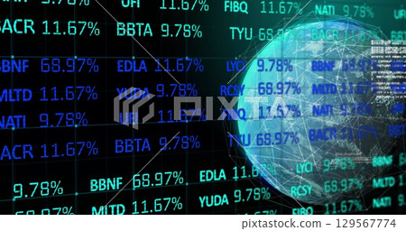 Image of data, graphs and globe on black background 129567774
