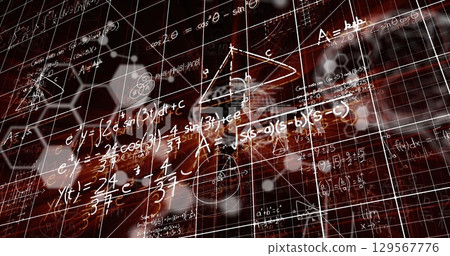 Image of digital screen with scientific data, brain and math formulas on black background 129567776