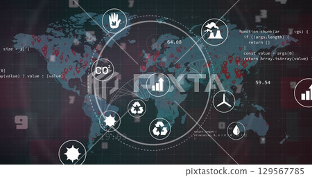 Image of data, icons and world map on black background Image of data, icons and world map on black background 129567785