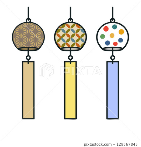 Wind chime illustration (hemp leaf, cloisonne, dot) thick solid line vector / white background, 3-piece set 129567843