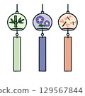 Wind chime illustration (bamboo, morning glory, dragonfly) thick solid line vector / white background, 3-piece set 129567844