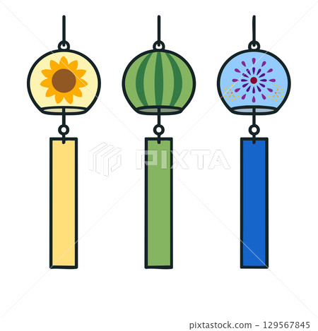 Wind chime illustration (sunflower, watermelon, fireworks) thick solid line vector / white background, 3-piece set Wind chime illustration (sunflower, watermelon, fireworks) thick solid line vector / white background, 3-piece set 129567845