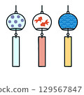 Wind chime illustration (dot, goldfish, wave) simple vector with thick solid lines / white background, 3-piece set 129567847