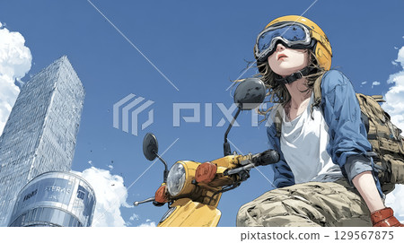 Illustration material of a female rider who came to town on a large motorcycle 129567875