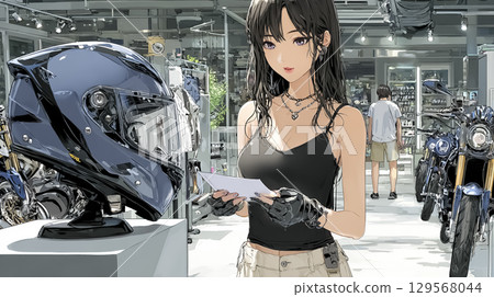 A female rider looking at her motorcycle helmet with a serious expression 129568044