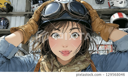 A female rider smiles after putting on her new helmet 129568046