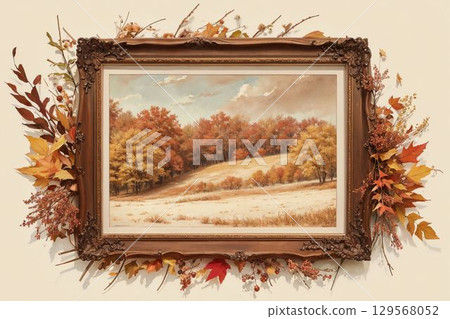 A classic framed painting of an autumn hill decorated with autumn leaves and tree branches, evoking the coming of winter. 129568052