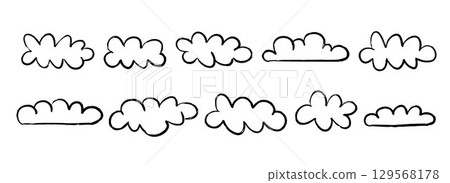 Black crayon cloud shapes collection. Hand drawn doodle set. Rough scribbled clouds bundle. Childish textured sketched element pack for banner, poster, collage, sticker. Vector cute comic dialogue Black crayon cloud shapes collection. Hand drawn doodle set. Rough scribbled clouds bundle. Childish textured sketched element pack for banner, poster, collage, sticker. Vector cute comic dialogue 129568178