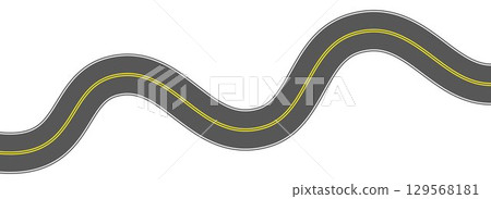 Top view winding road. Curve highway lane or wavy race track. Bend street road route. Town or city pavement asphalt path turn. Wiggly roadway drive stripe element. Vector illustration 129568181