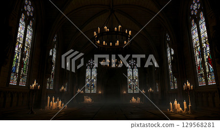 Haunted Medieval Castle Hall with Candlelight and Gothic Architecture 129568281