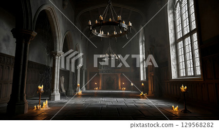 Haunted Medieval Castle Hall with Candlelight and Gothic Architecture 129568282